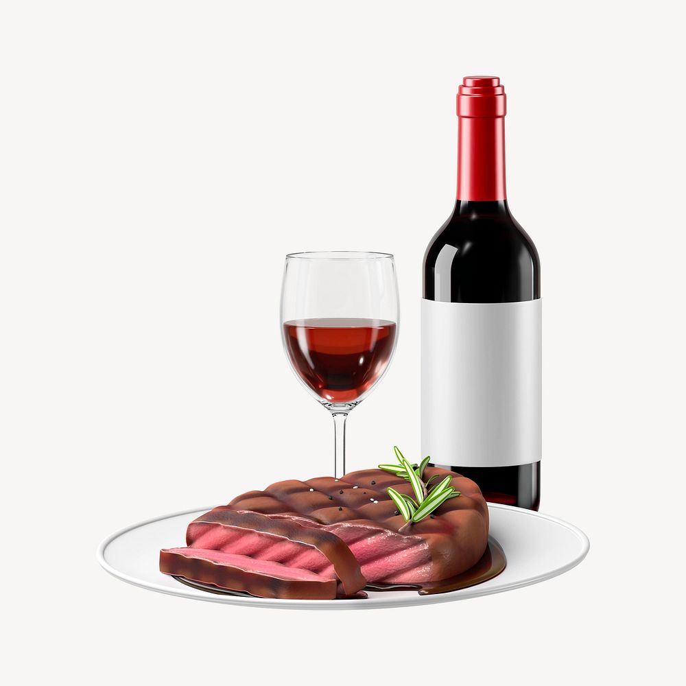 3D steak & wine dinner, element illustration