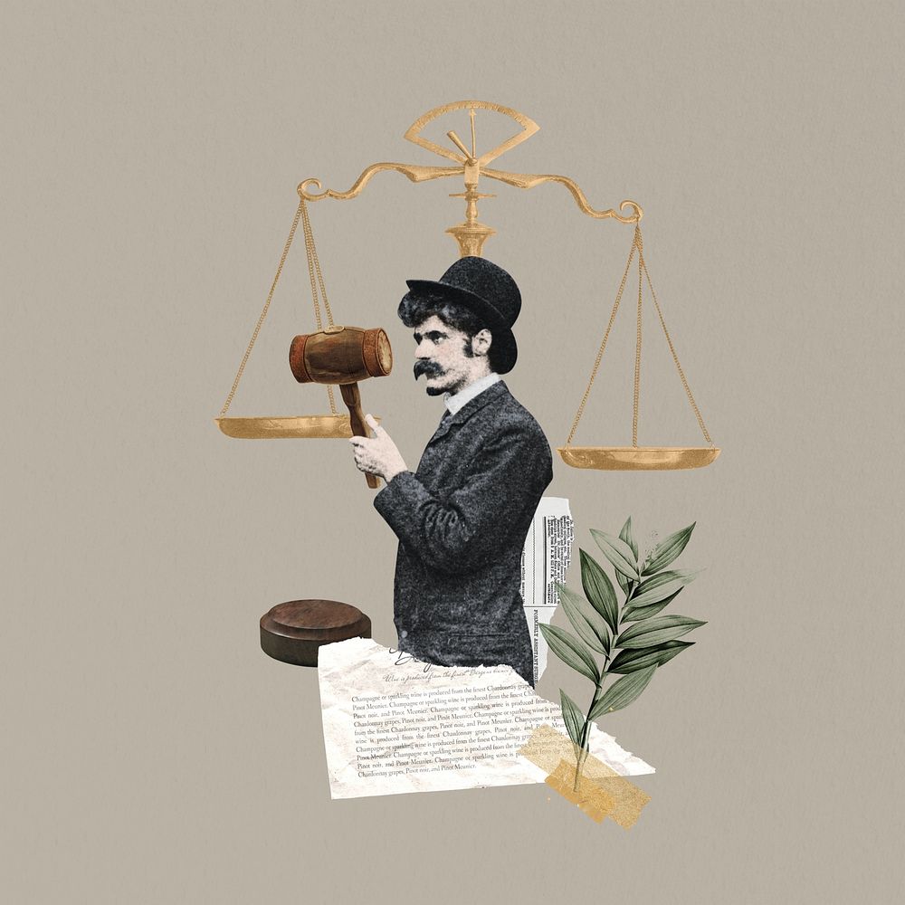 Man holding gavel, justice scale. Remixed by rawpixel.