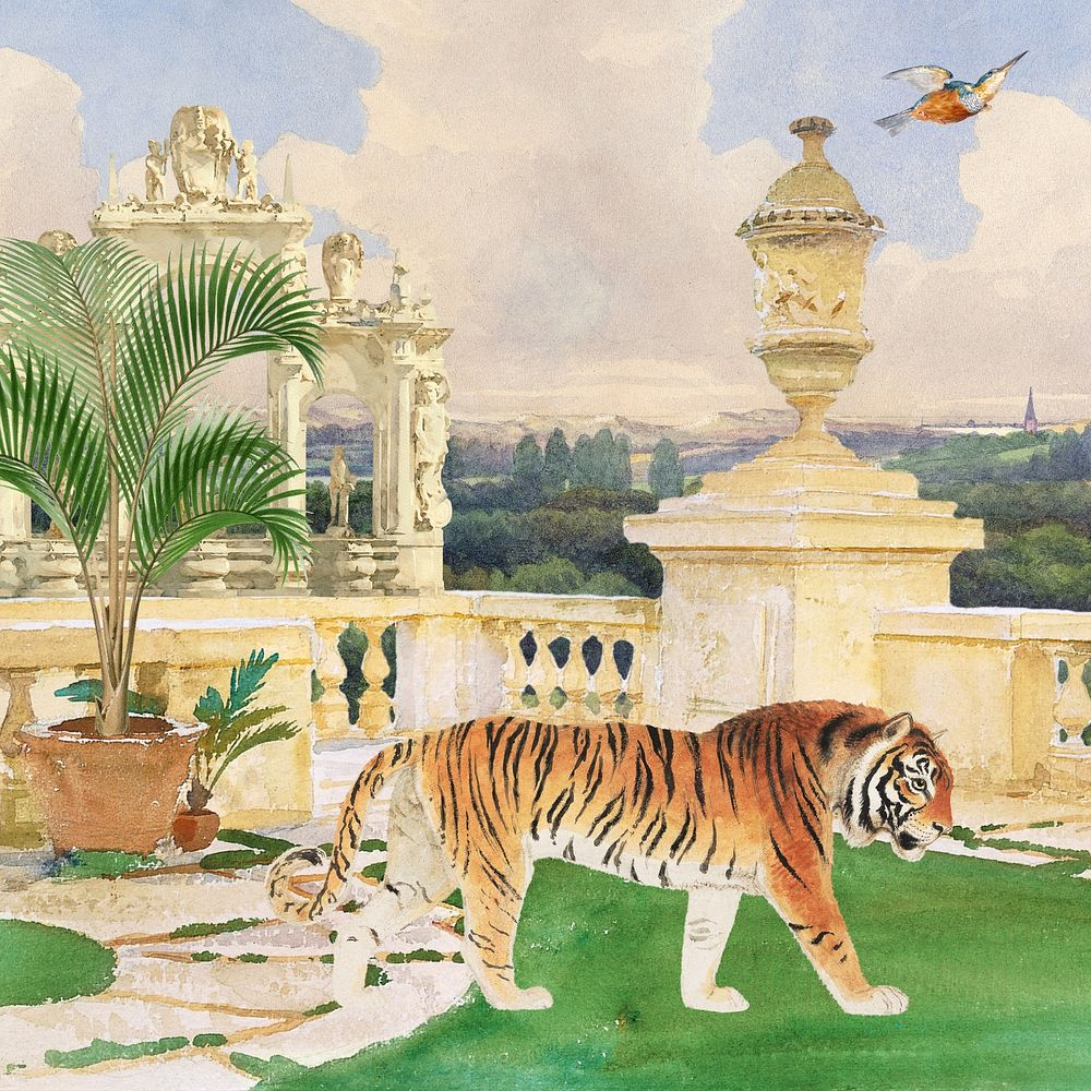 Watercolor tiger walking on balcony. Remixed by rawpixel.