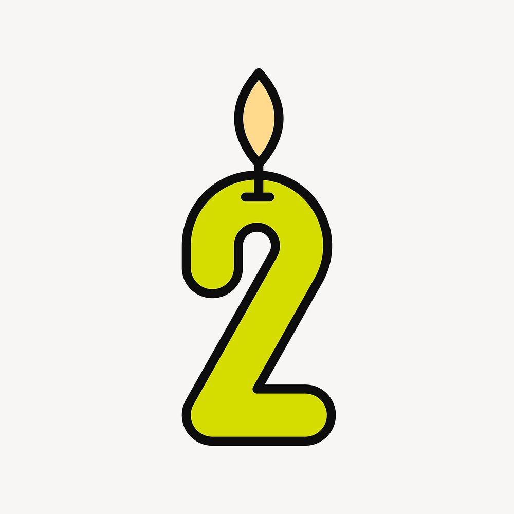 Lit number two birthday candle, flat illustration