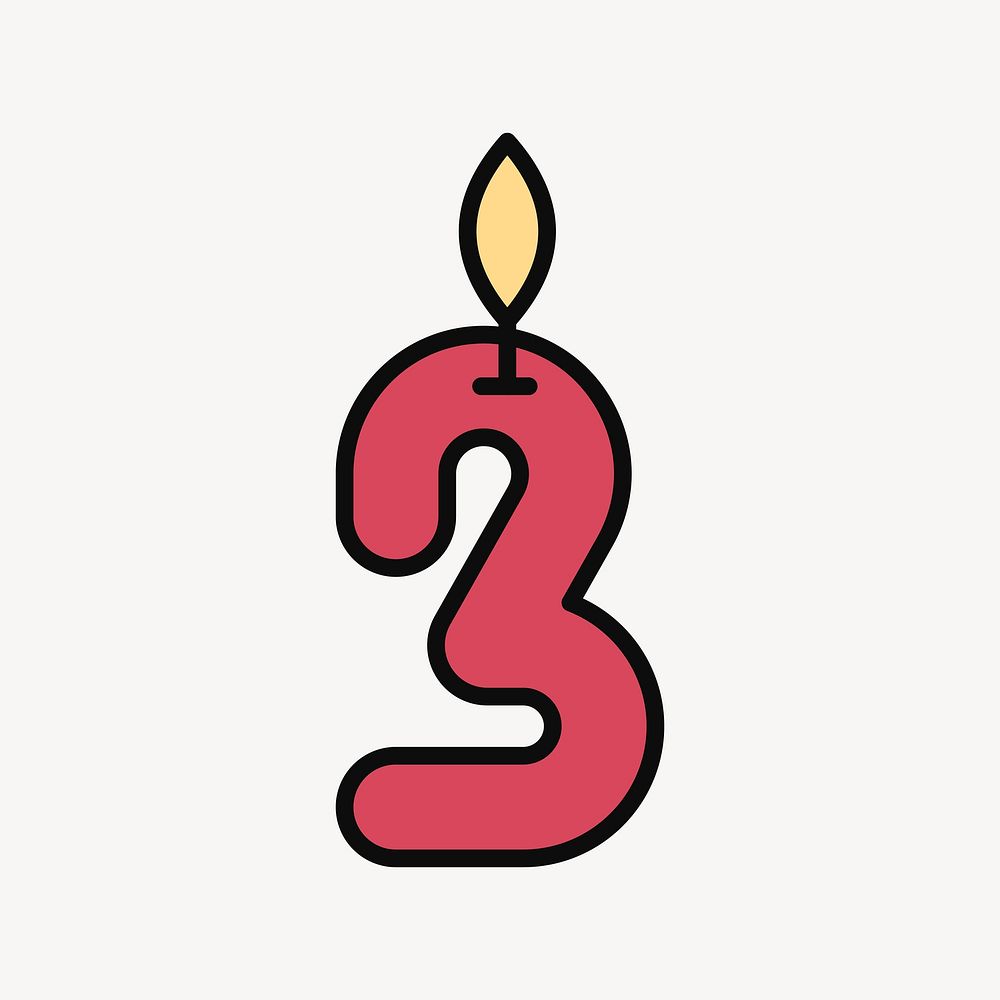 Lit number three birthday candle, flat illustration