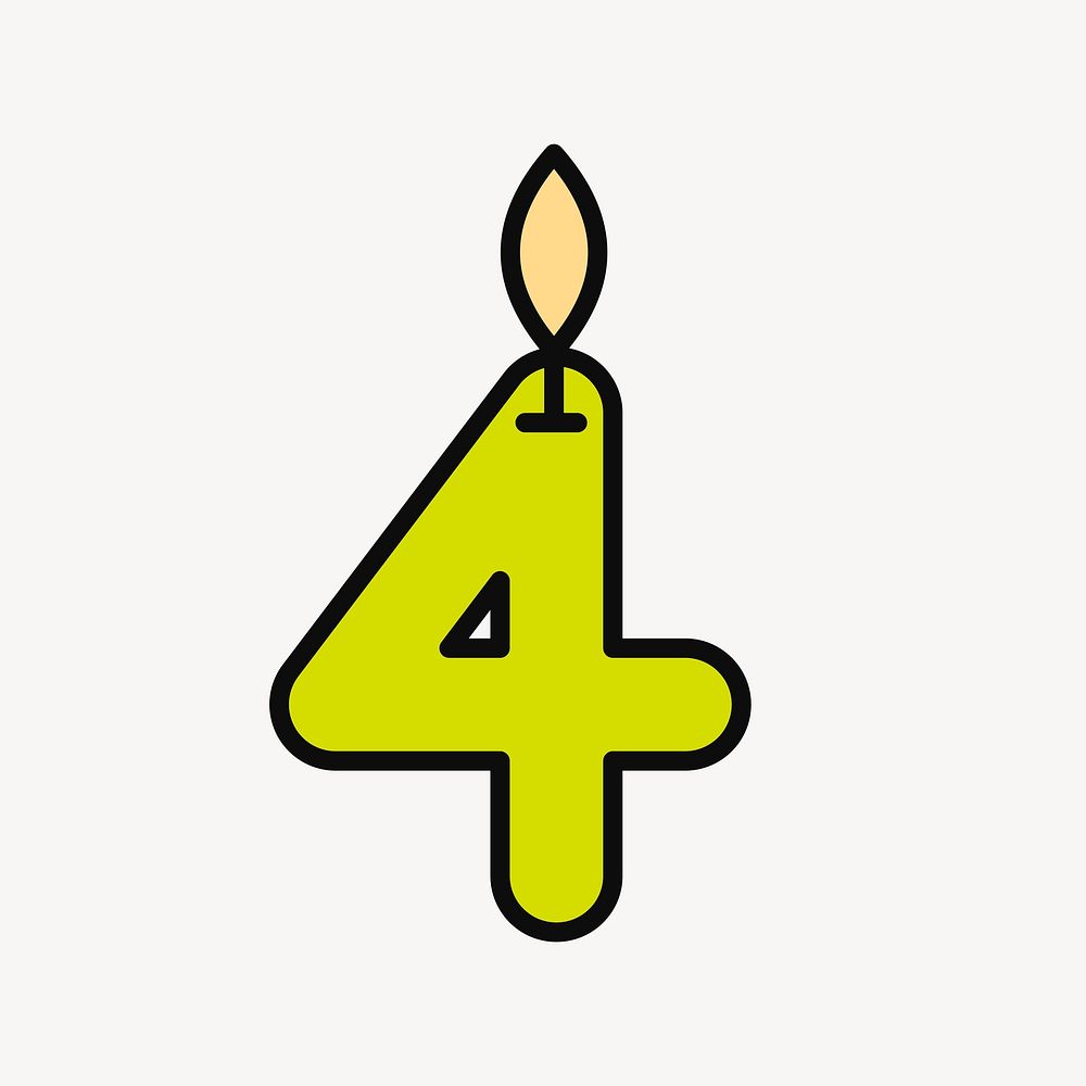 Lit number four birthday candle, flat illustration