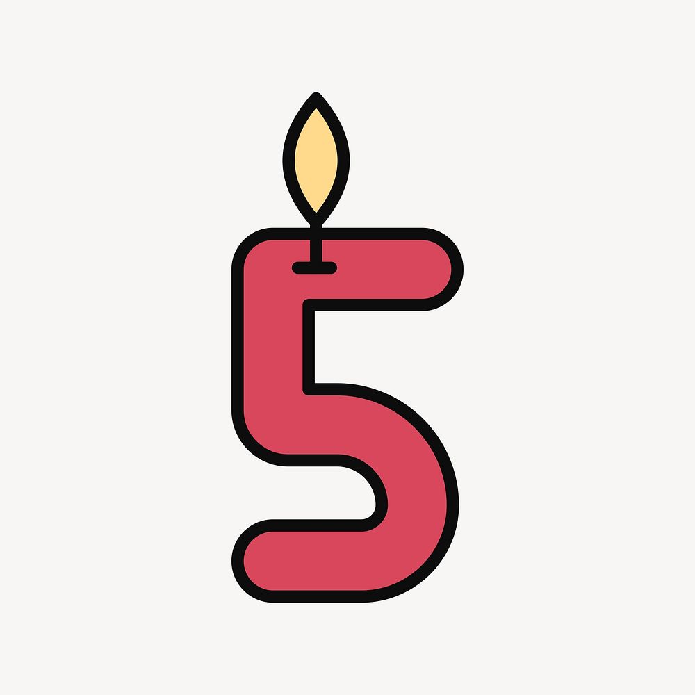 Lit number five birthday candle, flat illustration
