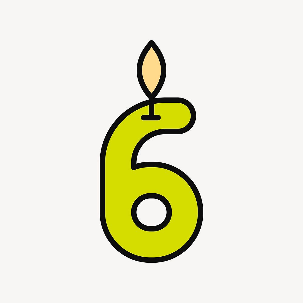 Lit number six birthday candle, flat illustration