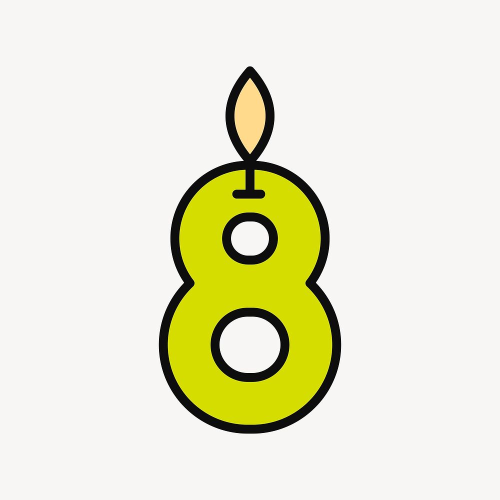 Lit number eight birthday candle, flat illustration