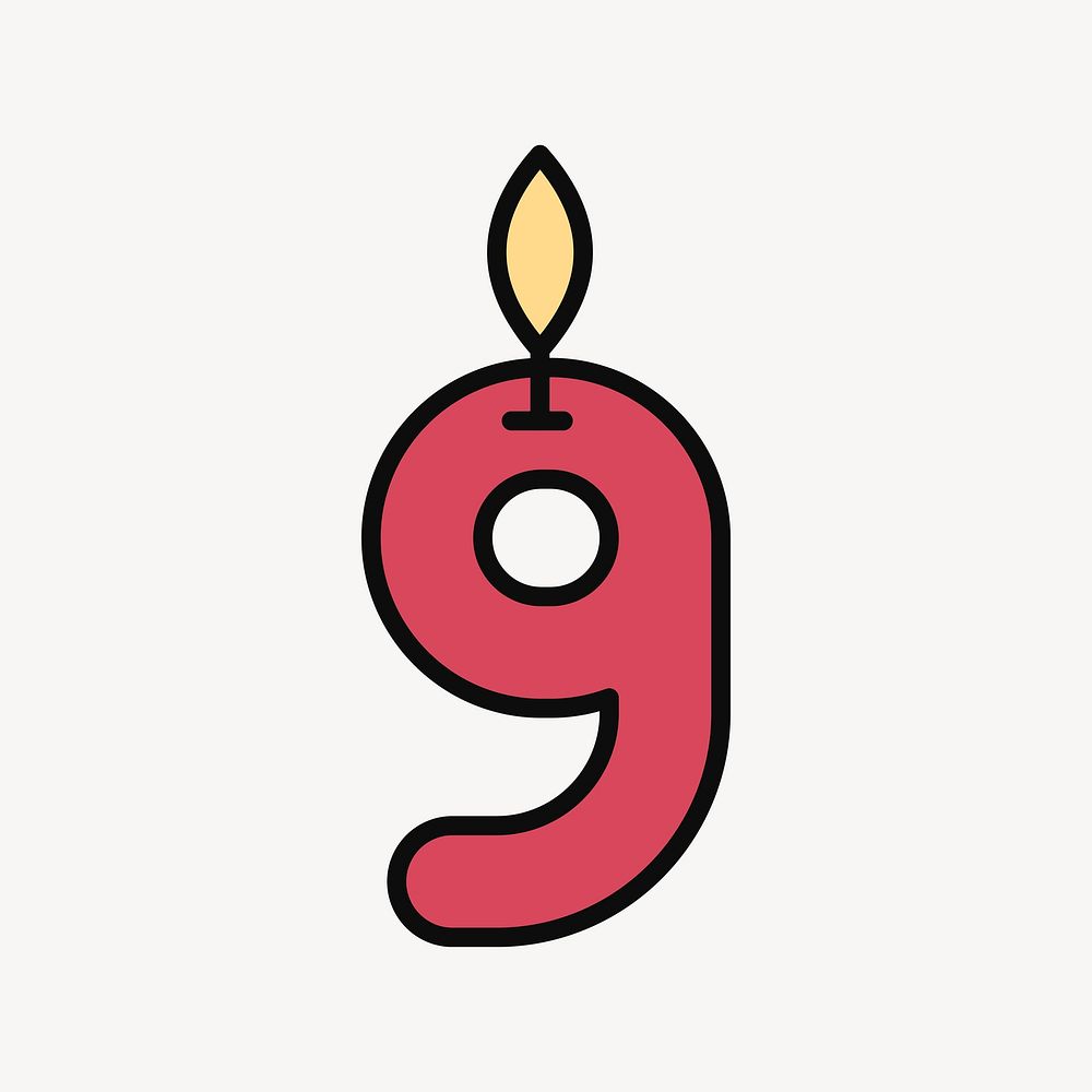 Lit number nine birthday candle, flat illustration