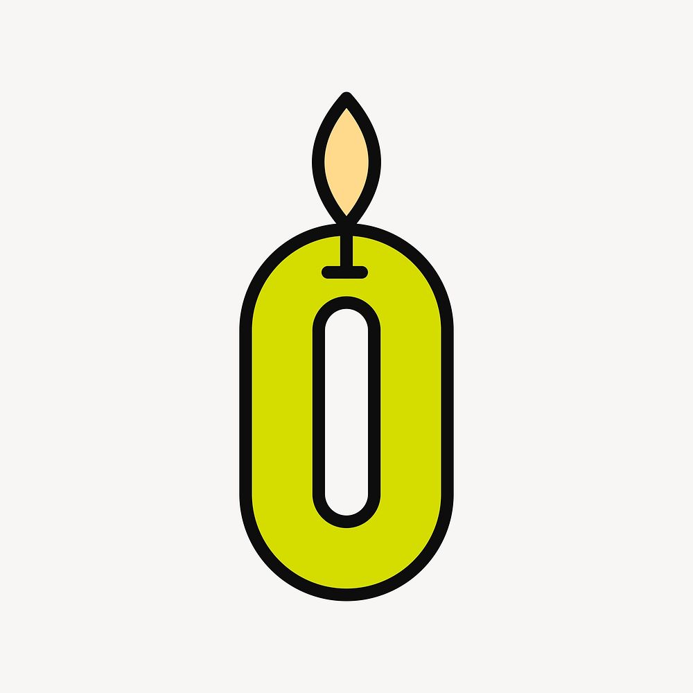 Lit number zero birthday candle, flat collage element vector