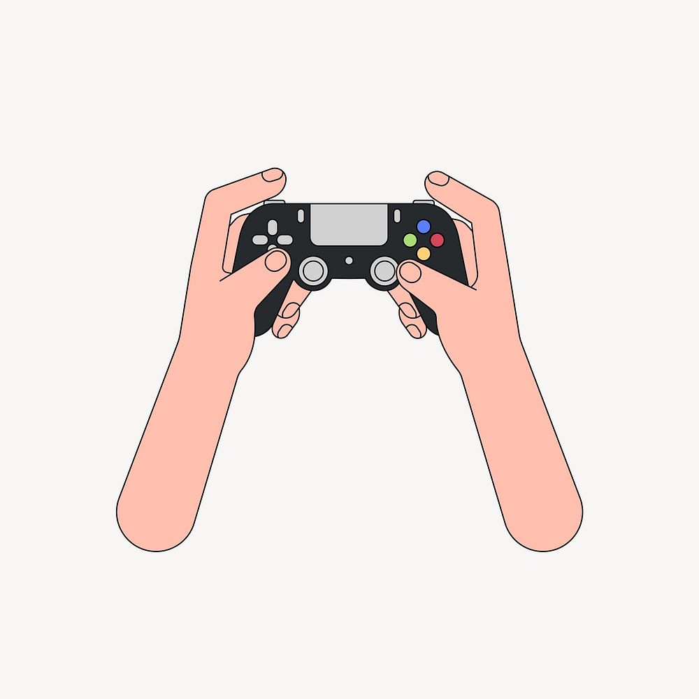 Hands playing game controller, flat illustration