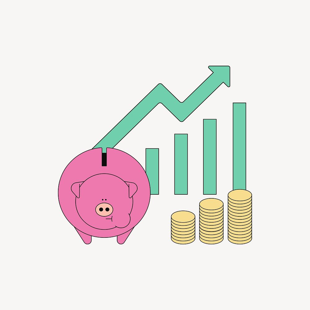Piggy bank, rising bar charts, finance illustration