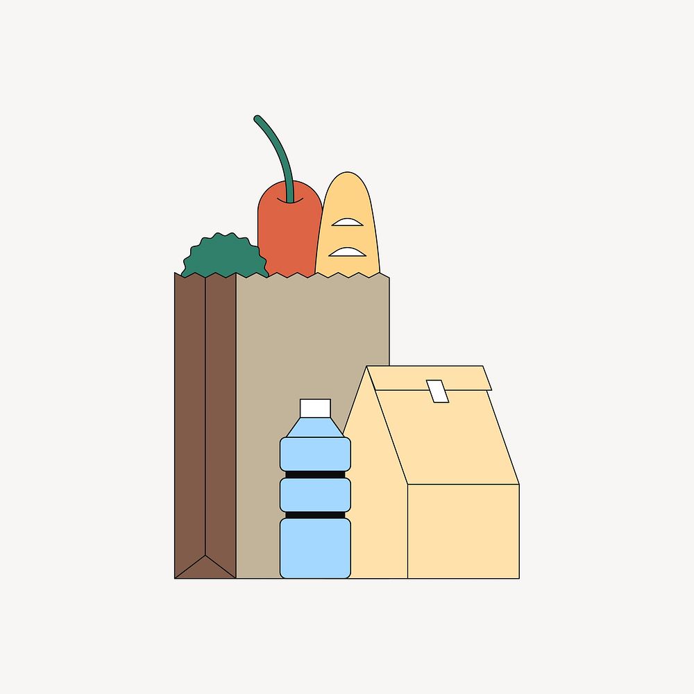 Grocery bags with bottle, food illustration