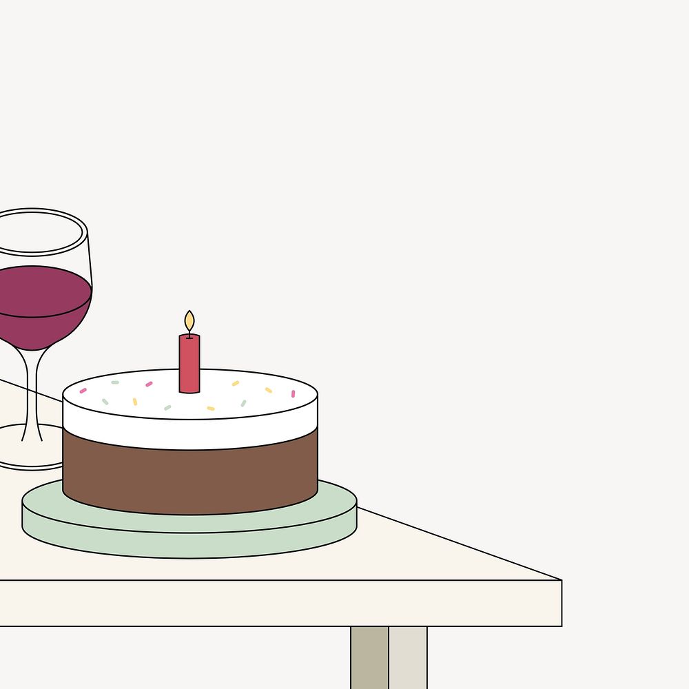 Birthday cake on table, corner graphic