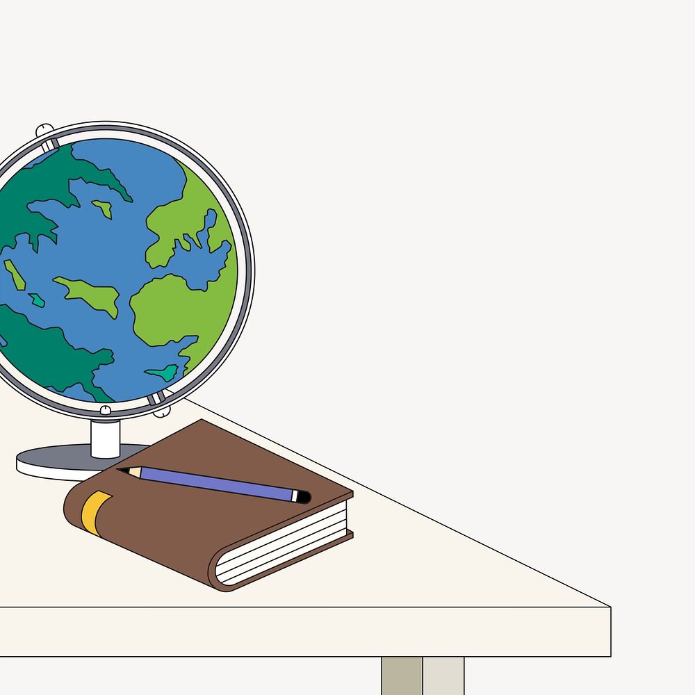 Desk with globe and stationary, education illustration