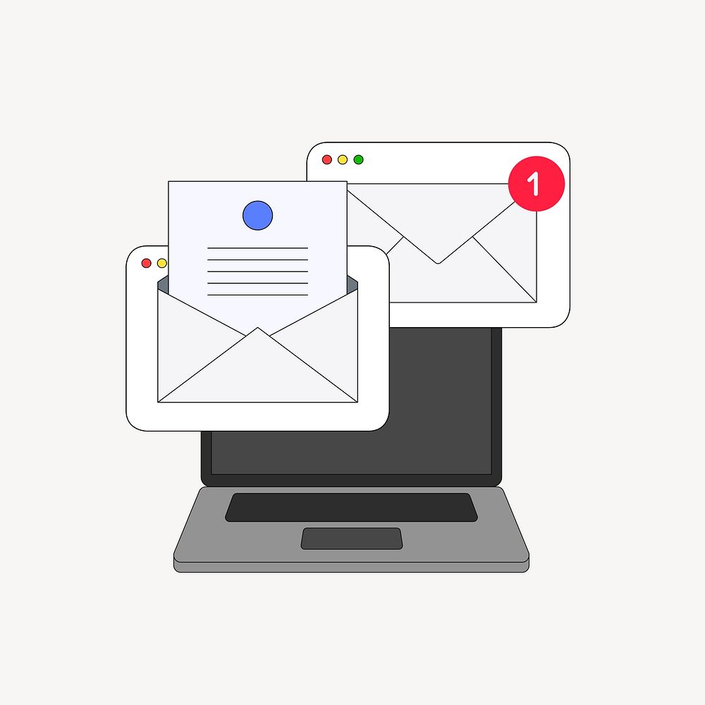 Email notifications on laptop, business illustration