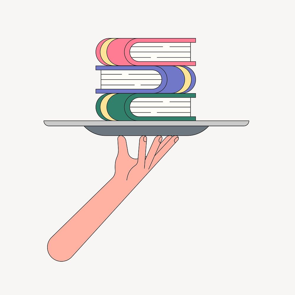 Hand serving books on the tray, education illustration