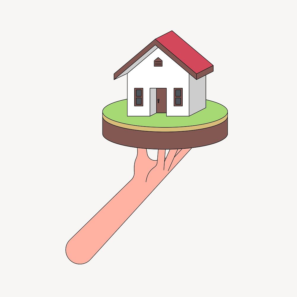 Hand holding house model, house illustration