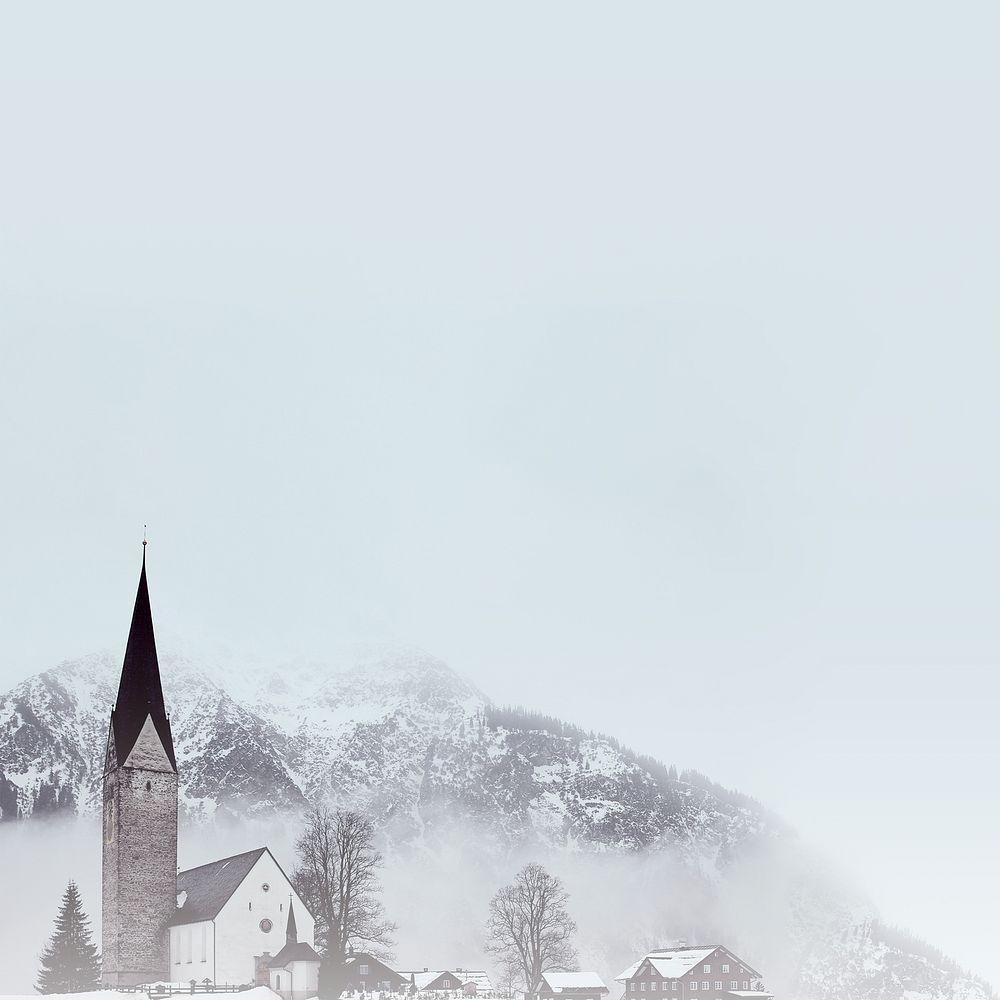Countryside church background, snowing mountain