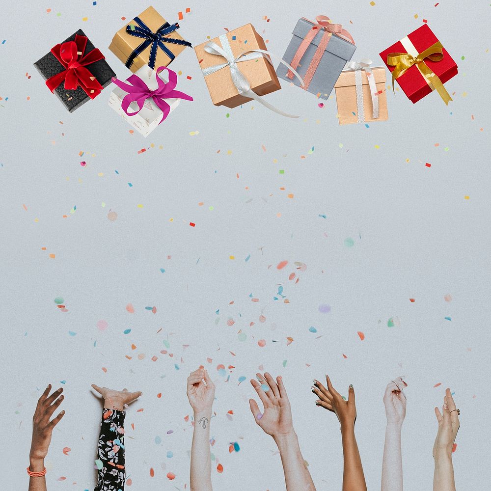 Diverse cheering hands background, thrown gift boxes