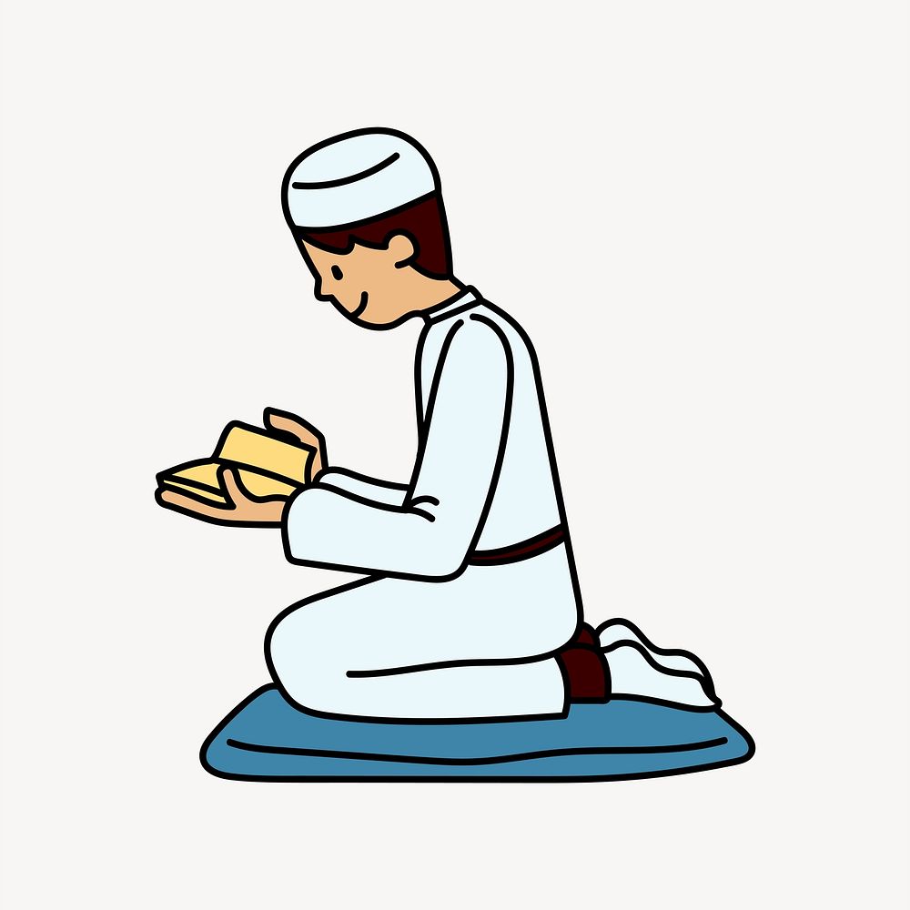 Muslim man praying doodle collage element vector