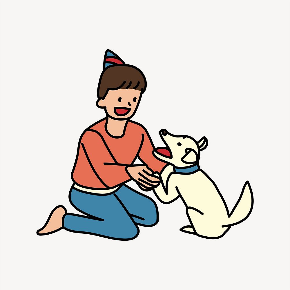 Boy playing with puppy doodle collage element vector