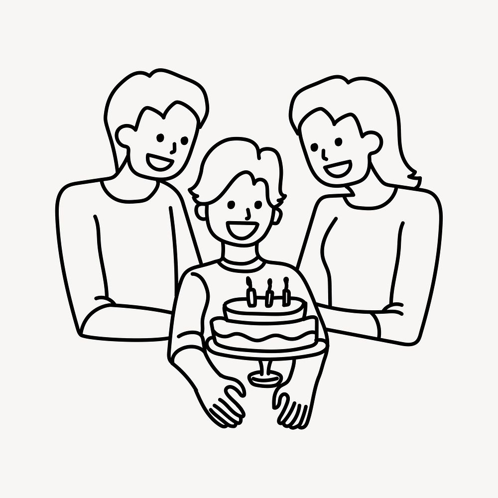 Family celebrating son's birthday doodle collage element vector