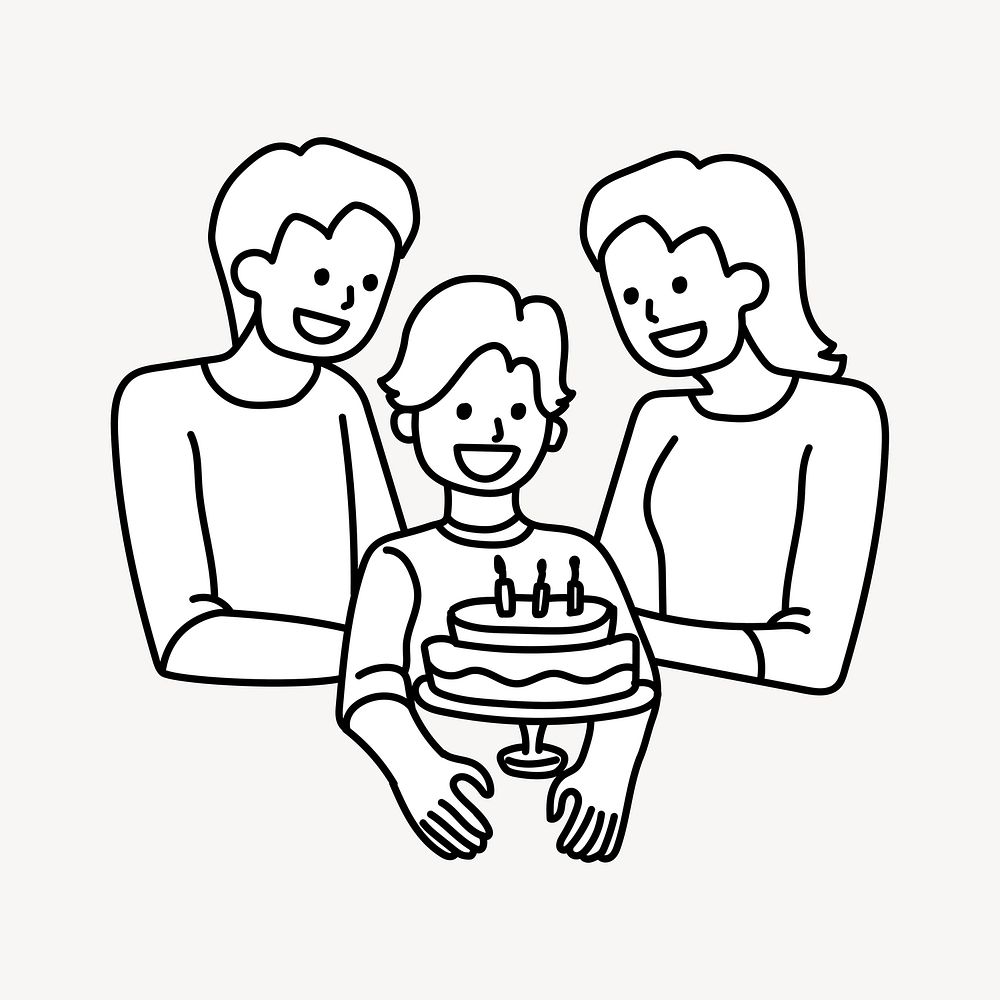 Family celebrating son's birthday doodle collage element vector