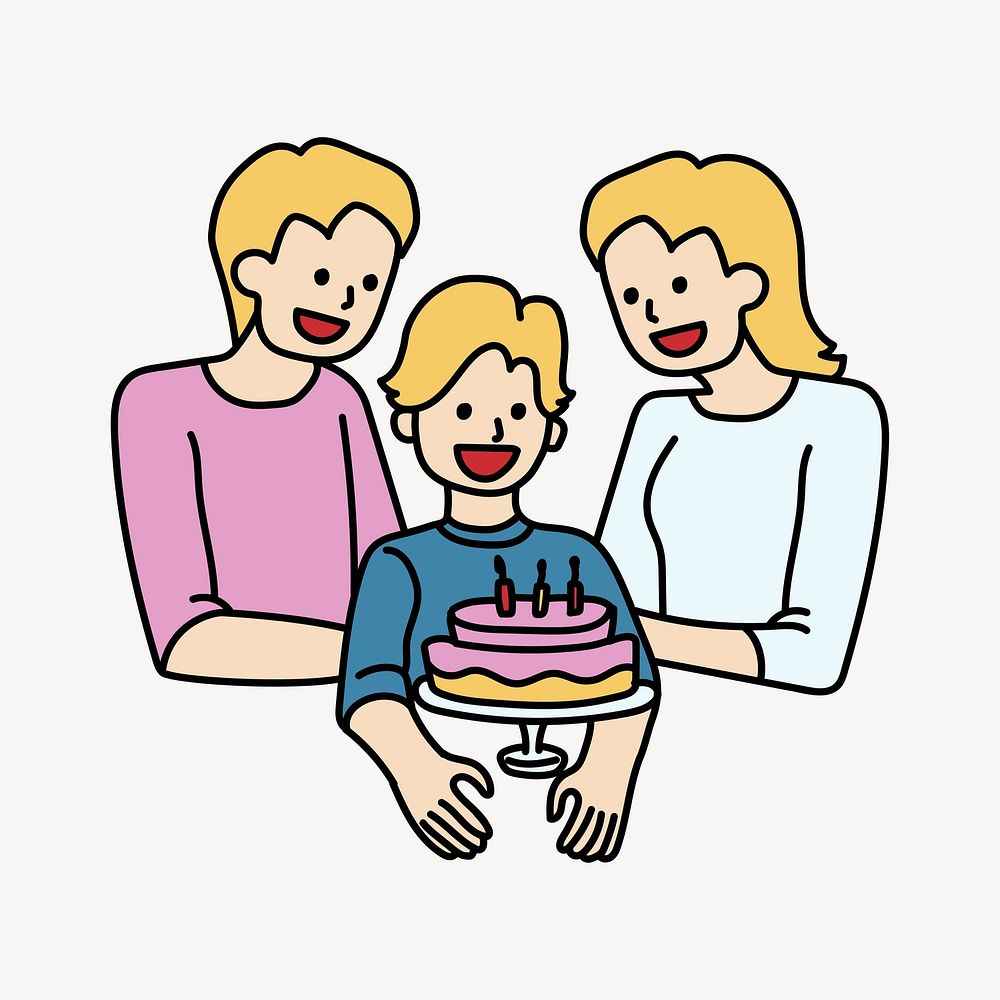 Family celebrating son's birthday doodle collage element vector