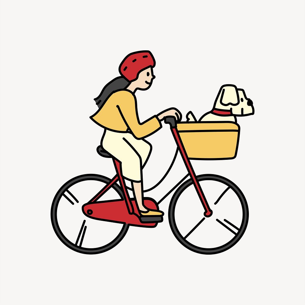 Woman bicycling with dog doodle collage element vector