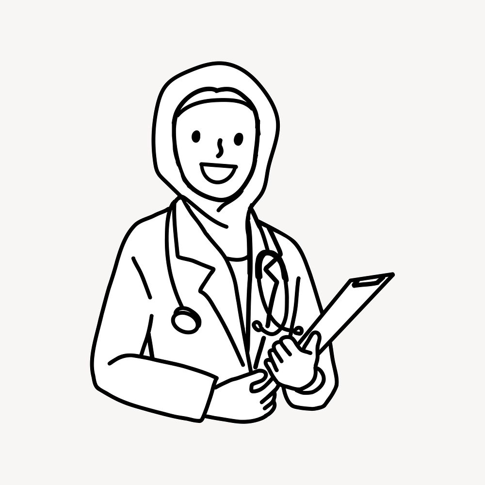 Female Muslim doctor doodle black & white