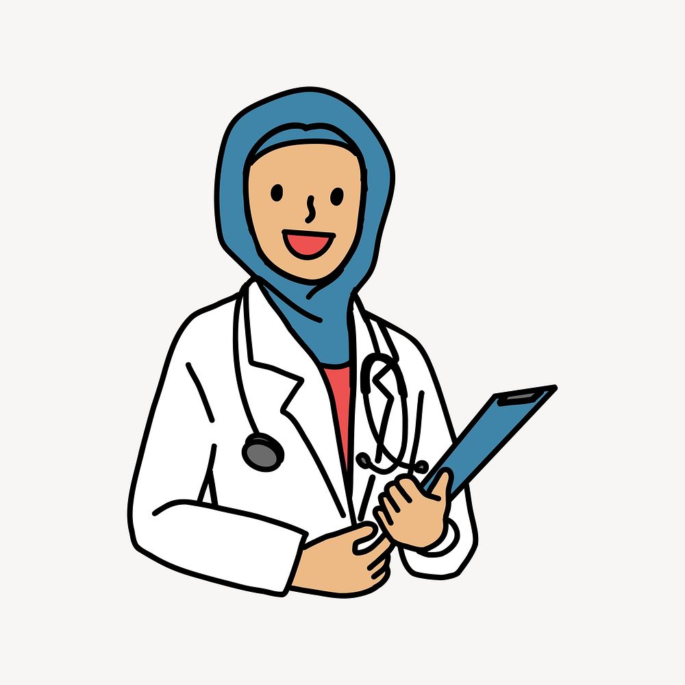 Female Muslim doctor doodle collage element vector