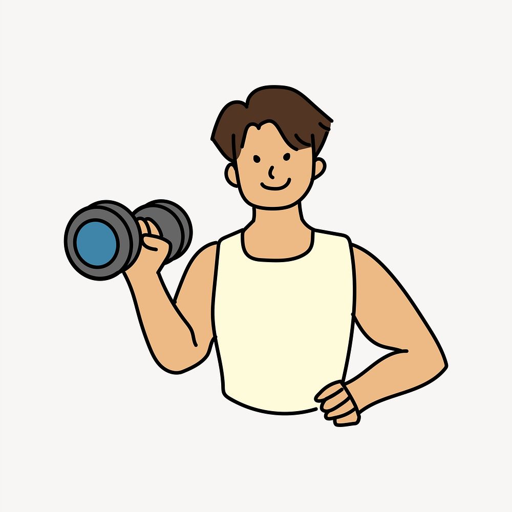 Man lifting dumbbell doodle collage element vector