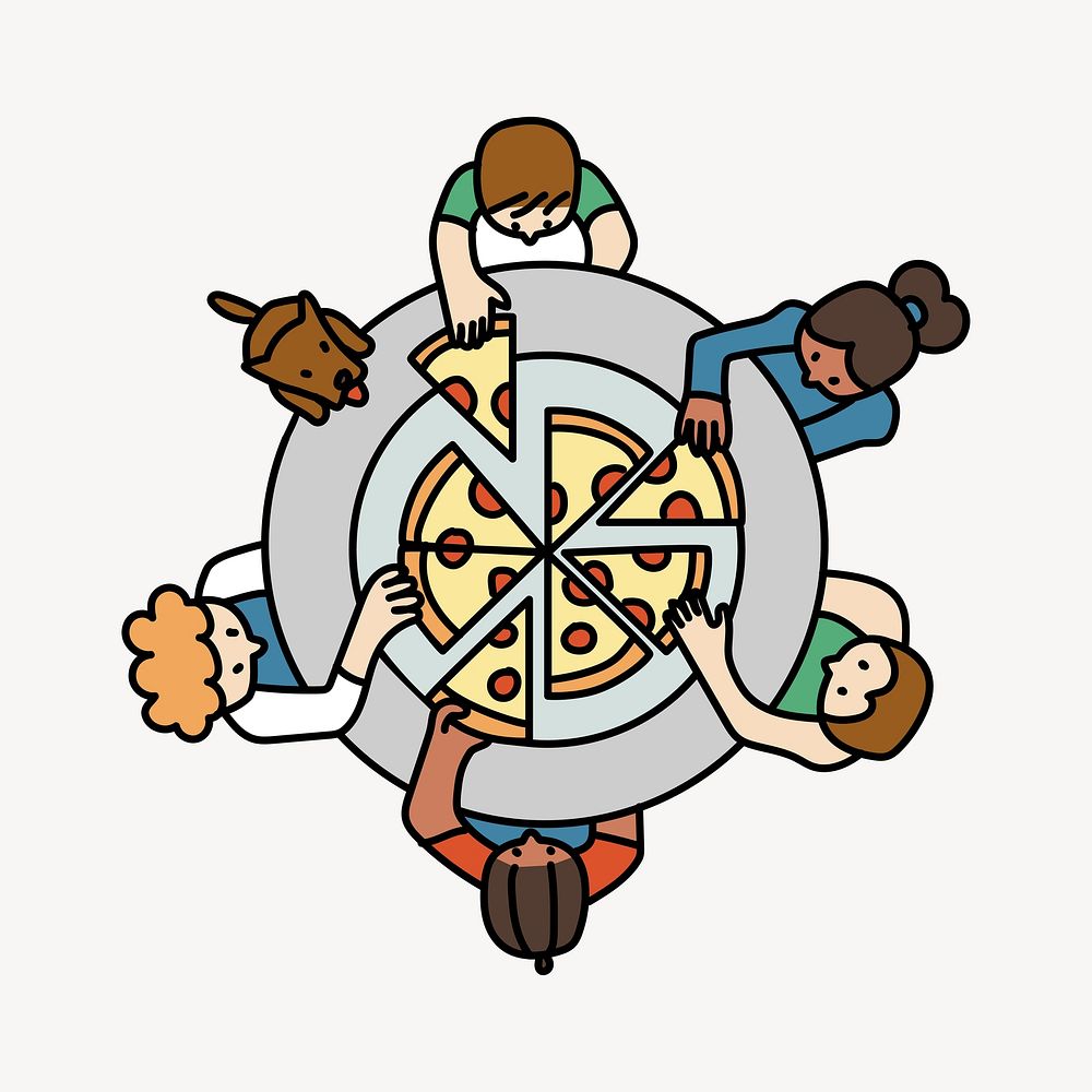 Family eating pizza doodle collage element vector