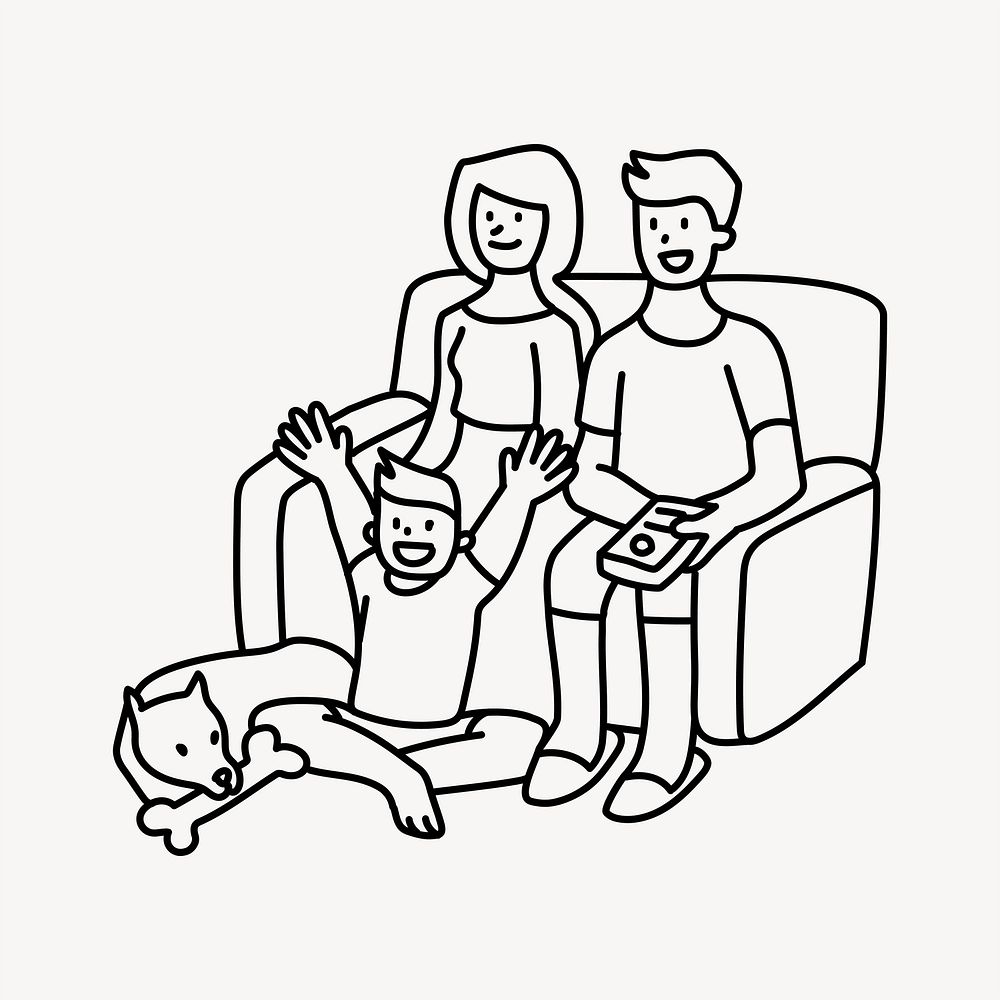 Family watching TV doodle collage element vector