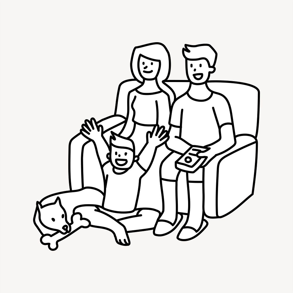 Family watching TV doodle collage element vector