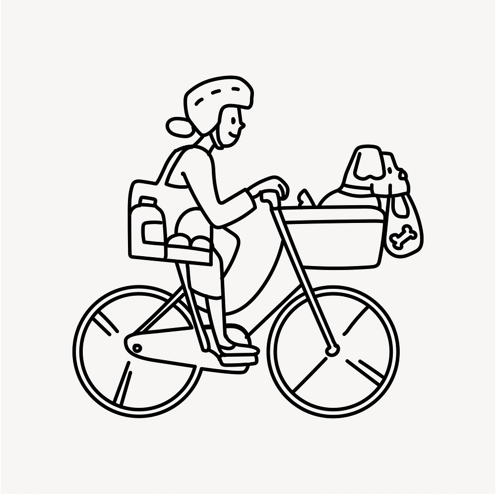 Woman bicycling to grocery shop doodle collage element vector