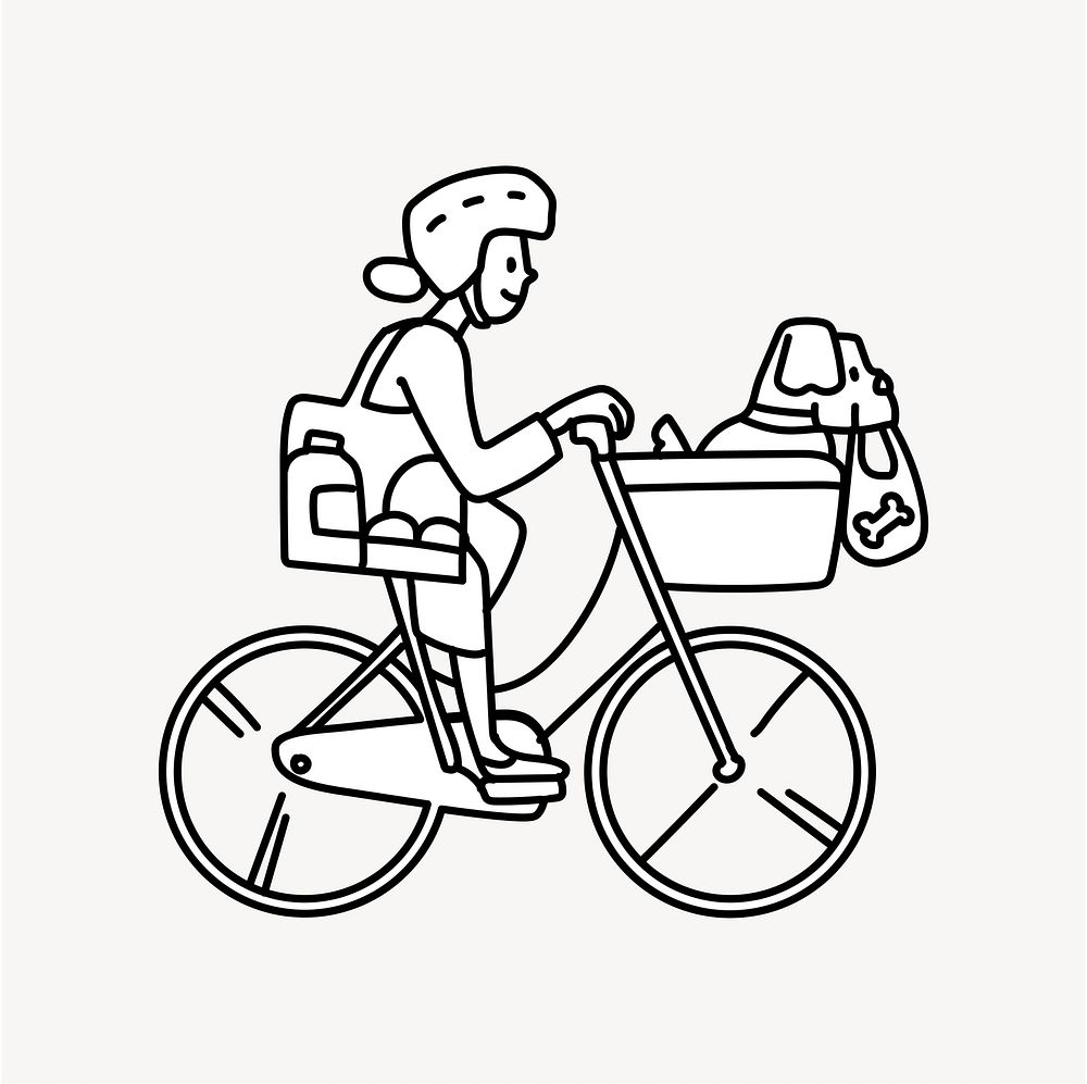 Woman bicycling to grocery shop doodle collage element vector