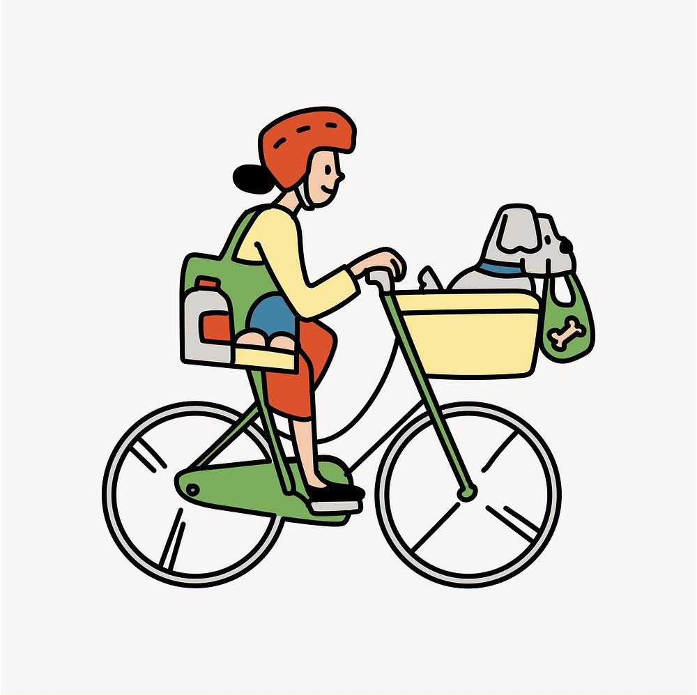 Woman bicycling to grocery shop doodle collage element vector