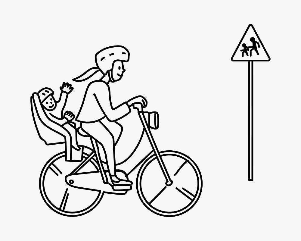 Woman bicycling with child doodle