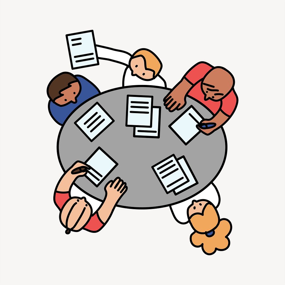 Diverse team discussing work doodle collage element vector