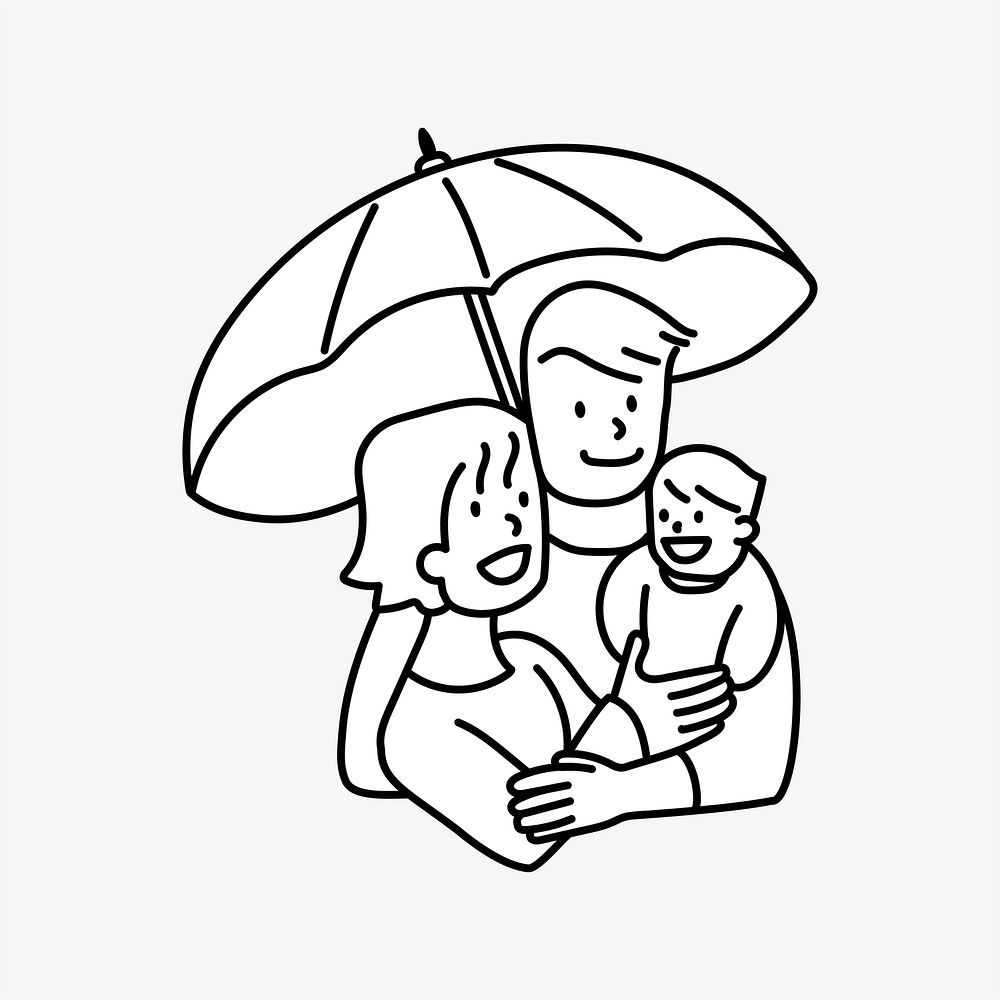 Family under umbrella doodle collage element vector
