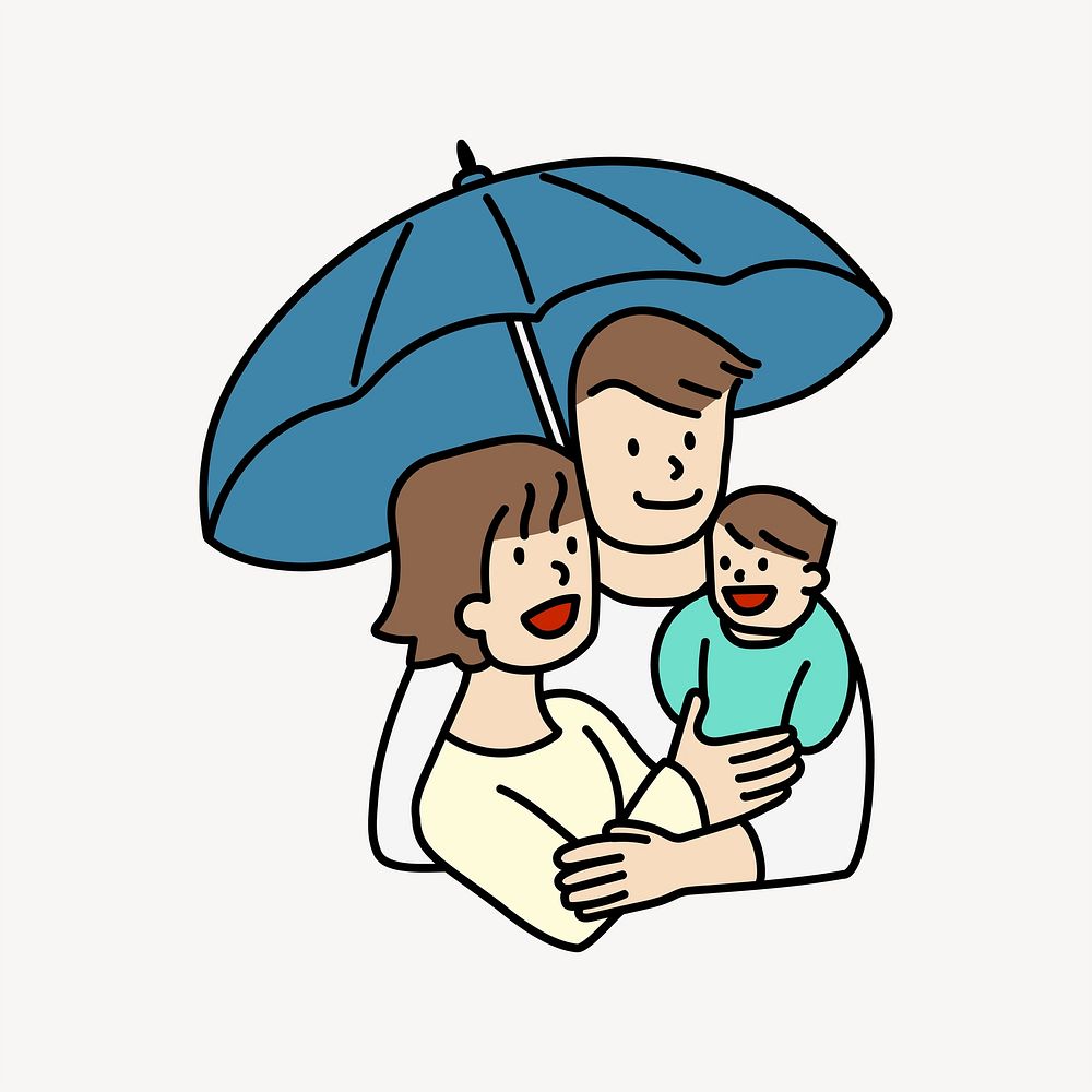 Happy family under umbrella doodle collage element vector