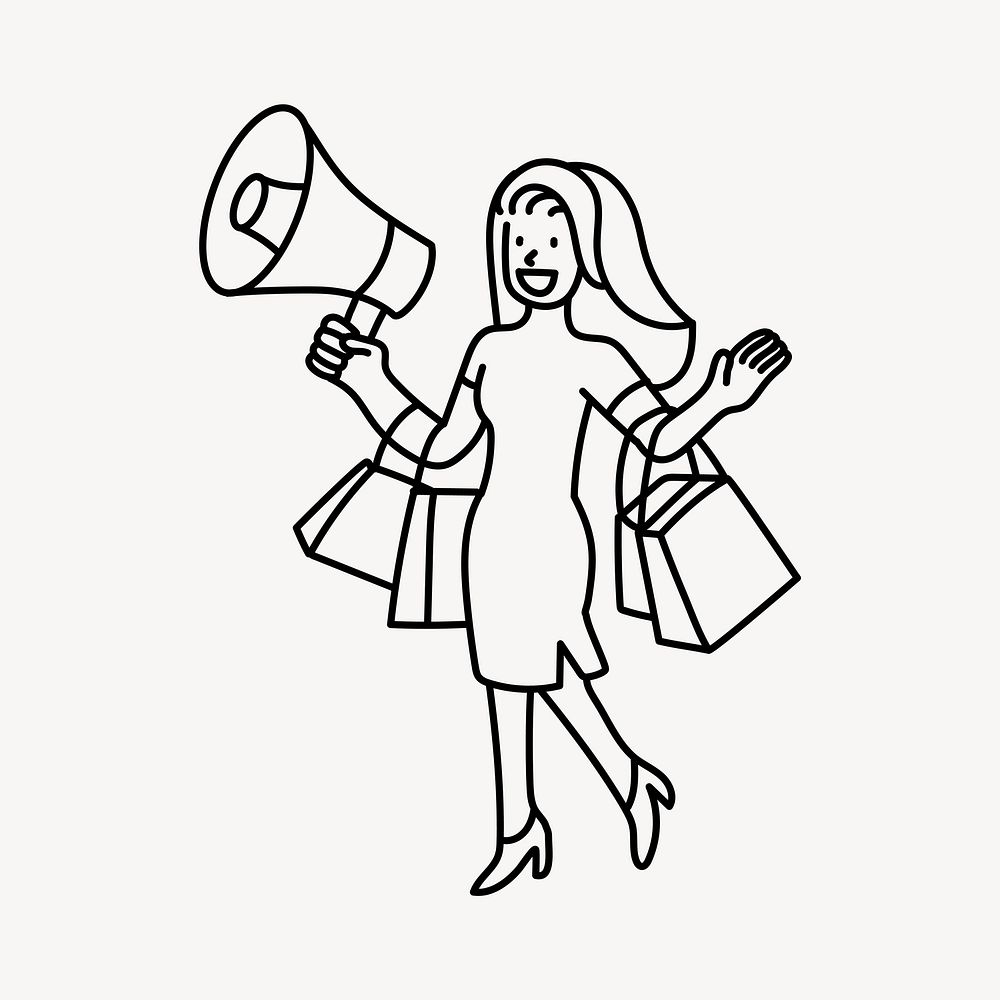 Shopaholic girl announcing doodle