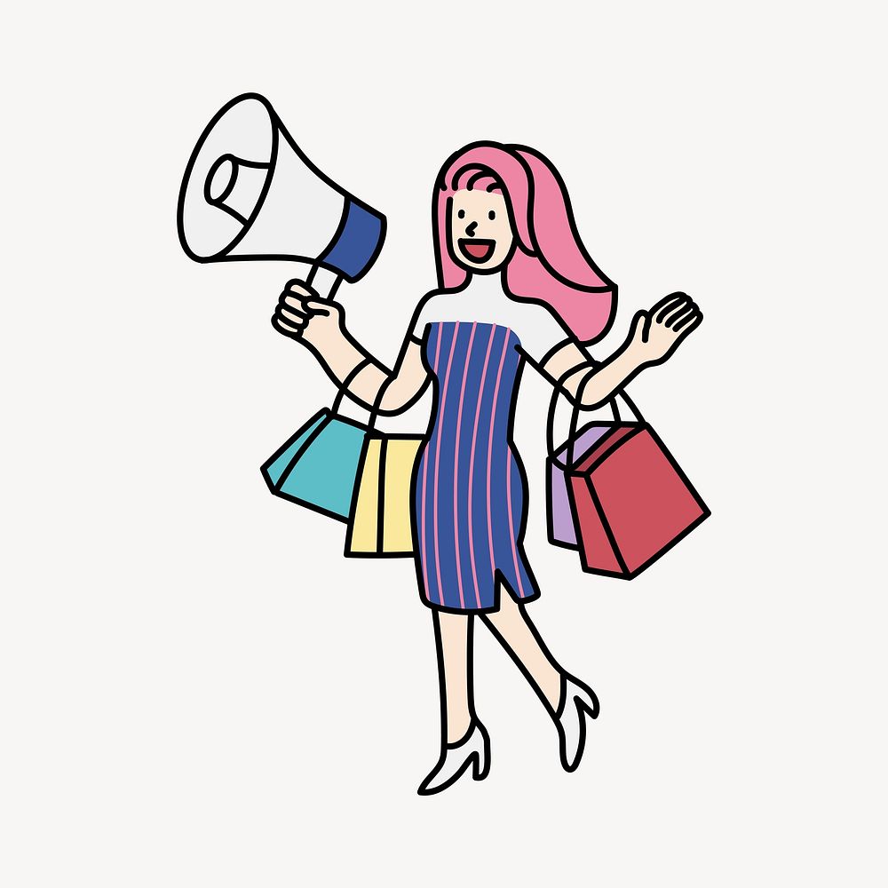 Shopaholic girl announcing doodle collage element vector