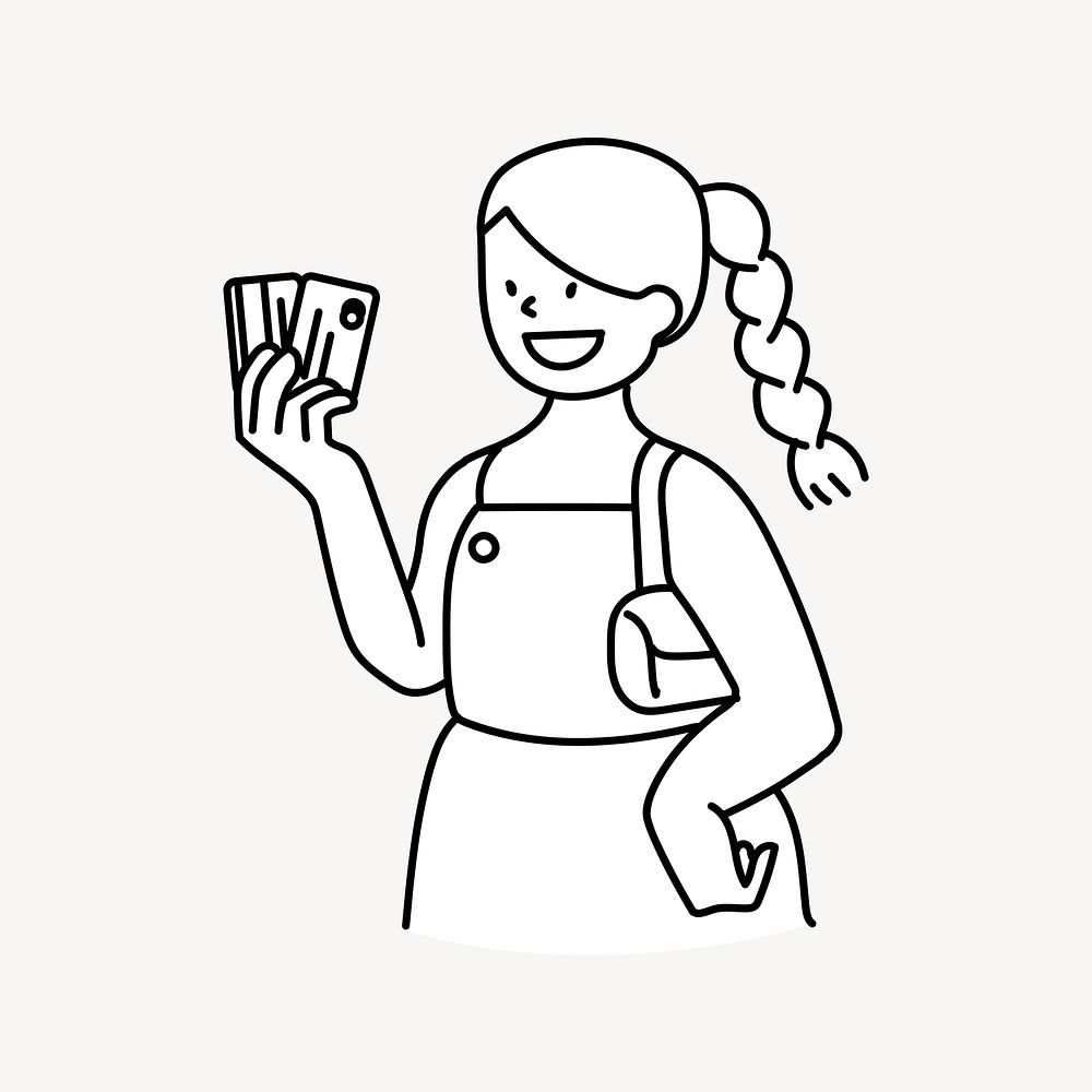 Woman holding credit cards doodle