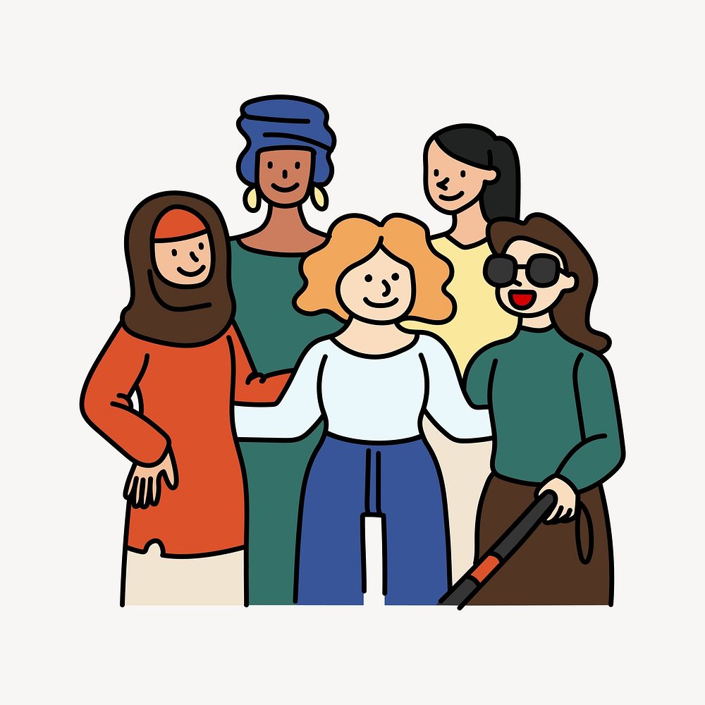 Diverse team of women doodle collage element vector
