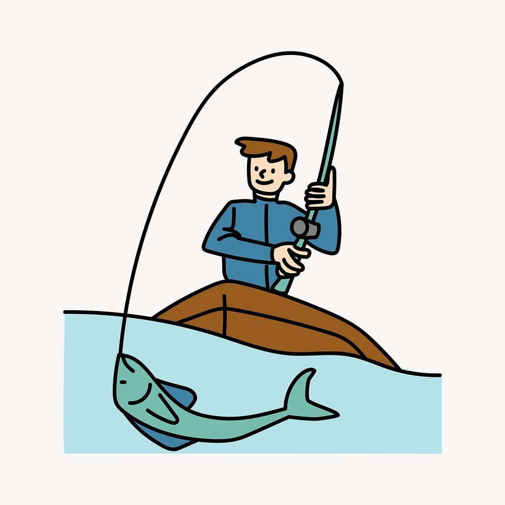 Man fishing on boat doodle collage element vector