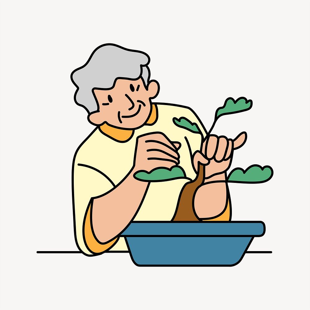 Elderly man planting doodle collage element vector