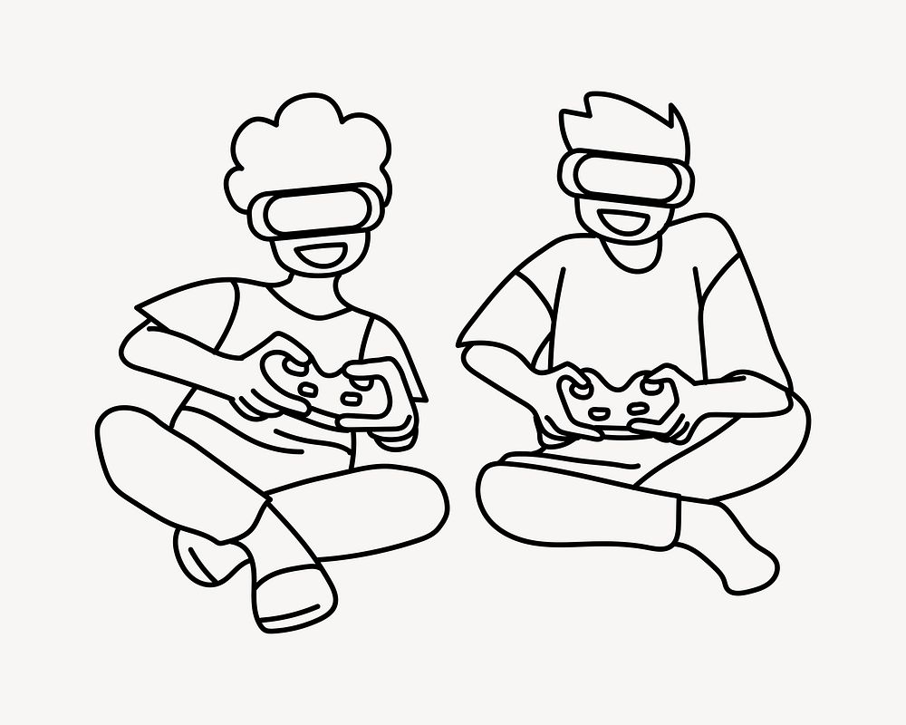 Boys playing VR games doodle collage element vector