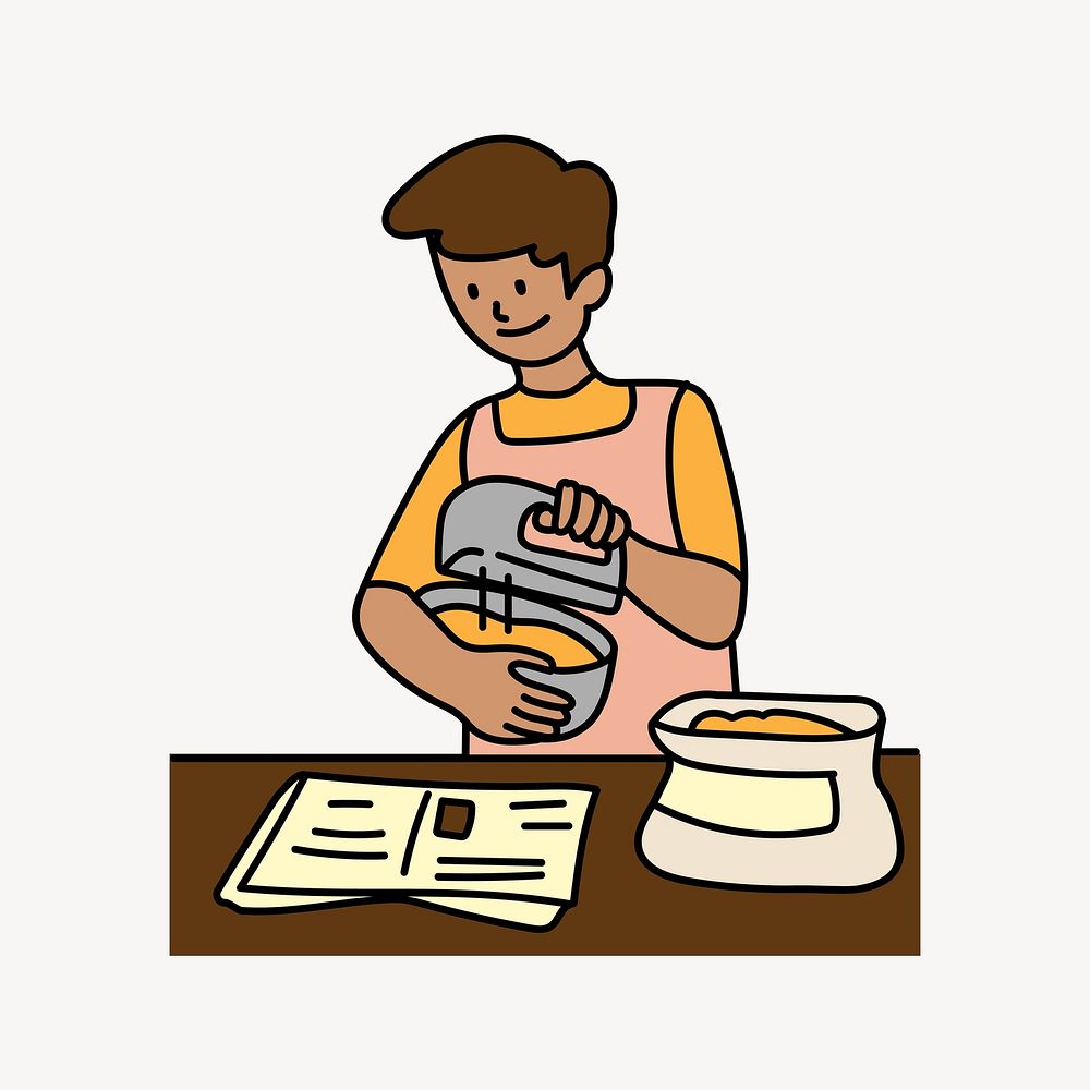 Man baking with recipe doodle collage element vector