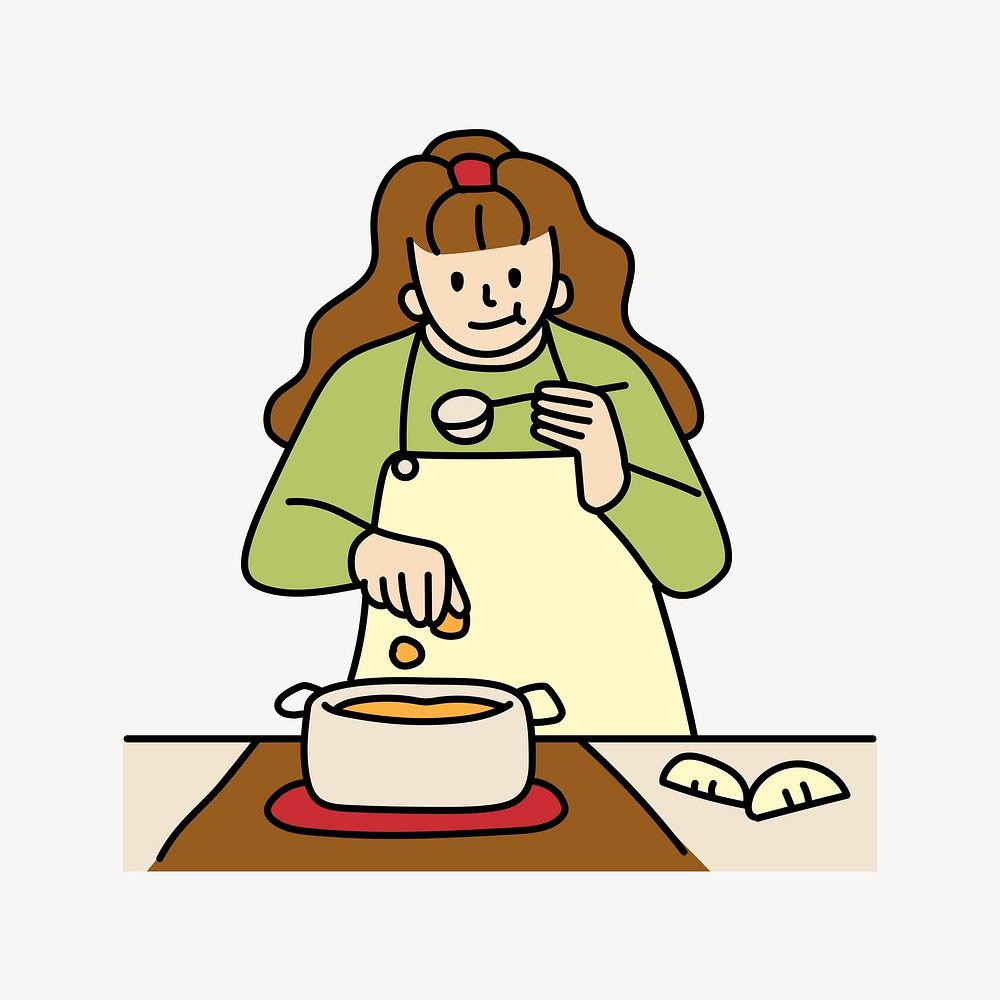 Woman cooking and tasting doodle collage element vector