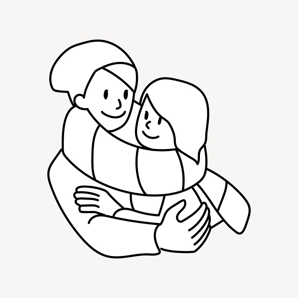 Couple hugging during winter doodle collage element vector